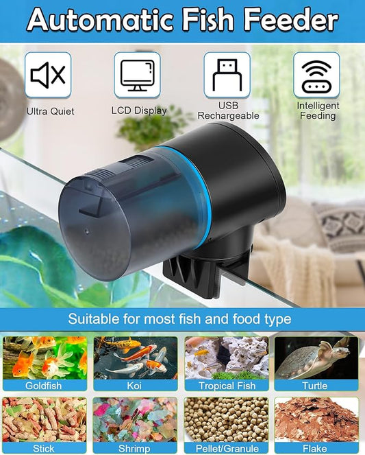 Automatic Fish Feeder for Aquarium - Rechargeable Fish Food Auto Dispenser Vacation Turtle Feeder with USB Charger Cable,LCD Screen, Customized Schedule (Blue)