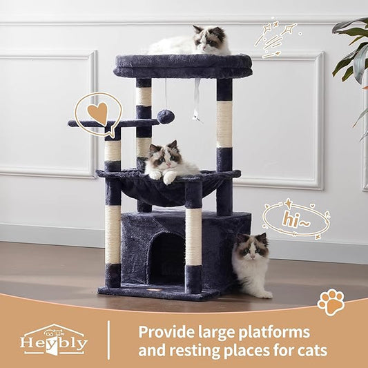 Heybly Cat Tree, Kitten Tower with Large Soft Cat Basket,Cat Condo with Spacious Cat Bed Cave with Hidden Space,Sisal-Covered Scratching Posts,Dangling Ball for Indoor Cats, Smoky Gray HCT008SG