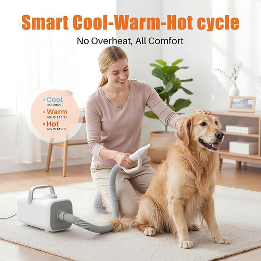 NEWBULIG Dog Hair Dryer, 1550W High Velocity Pet Blow Dryer with Heater for Grooming, Speed Temperature Adjustable Dog Blower Grooming with 4 Nozzles, White