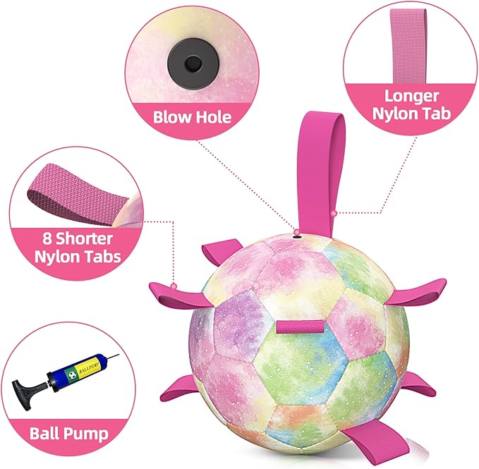 QDAN Extra Large Dog Toys Soccer Ball for Extra Large Dogs - Durable Dog Ball for Beach Pool Water Toy, Interactive Tug of War, Puppy Birthday Gifts, Rainbow (9 Inch)