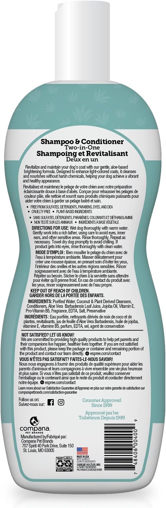 Espree Bright White Shampoo & Conditioner for Dogs, Stain-Removing, Brightening Formula for White Fur and Light-Coated Pets, Gentle and Hydrating for Sensitive Skin, 20oz
