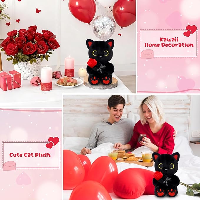 Black Cat Plush with Rose- 8" Kawaii Stuffed Cat Gifts for Women Cute Stuffed Animal for Kids & Adults, Mother Day Mom Birthday Wedding