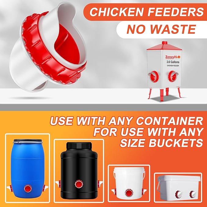 ZenxyHoC DIY Chicken Feeders No Waste, Poultry Feeder with Covers Gravity Feed Kit Ports 4-1 Hole Saw for Buckets Barrels Bins Troughs