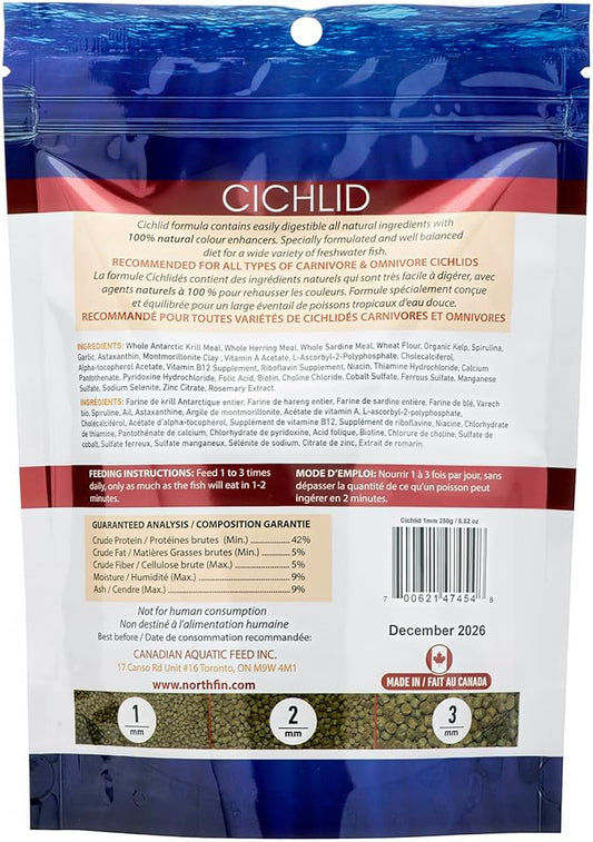 Northfin Cichlid Formula Fish Food – Slow Sinking Pellets for Cichlids (1mm, 250g) | Premium High-Protein, All-Natural Cichlid Diet to Enhance Color & Growth – No Fillers, No Hormones, Made in Canada