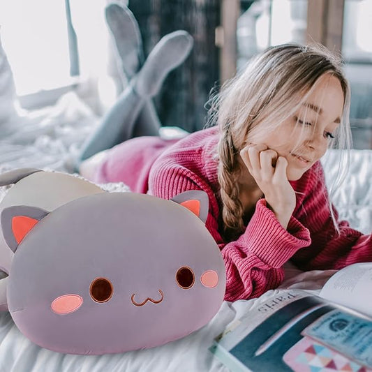 FUYU Cat Stuffed Animals, Soft Cat Plush Pillow Kawaii Kitten Stuffed Animal Toy Gifts for Kids Boys Girls Room Decor (Grey Round Eyes,35in/87)