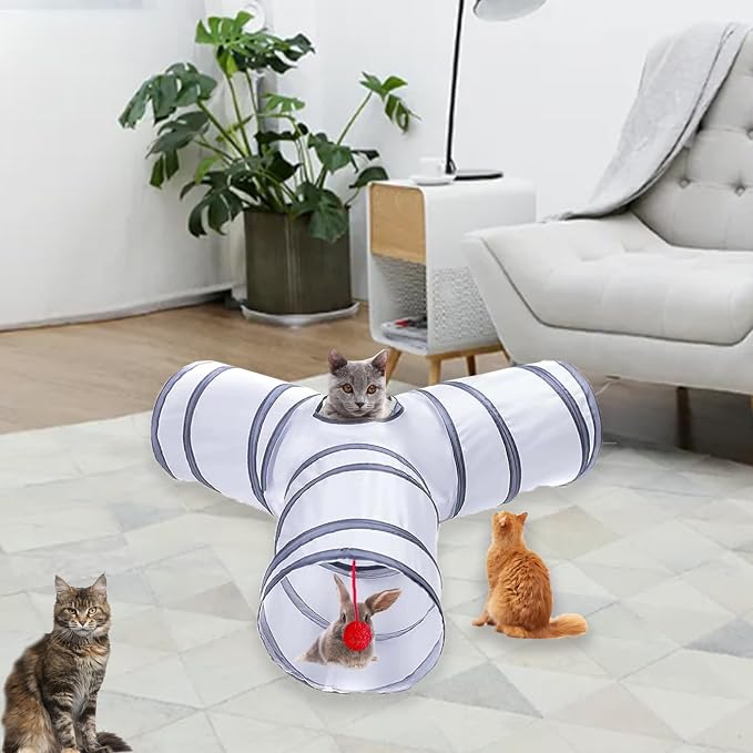 Cat Tunnel Tube Toys, Tunnels for Indoor Cats, 3 Way Colorful White Gray Collapsible Interactive Toy with Balls for Rabbits, Kittens, Ferrets, Puppy