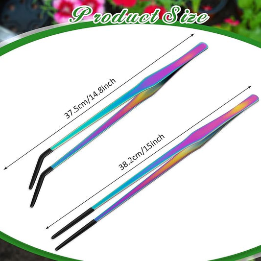 Lasnten 2 Pcs Extra Long Stainless Steel Reptile Feeding Tongs with Rubber Tip 15 Inch Bearded Dragon Aquarium Straight and Curved Long Tweezer Terrarium Feeder Tool for Tank (Colorful)