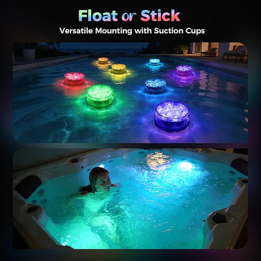 2026 Upgraded Submersible LED Lights, IP68 Waterproof Floating Pool Hot Tub Lights with Remote Control, 16 RGB Colors, Timer, Suction Cups, Battery Powered Underwater Lights for Spa, Pond, Vase Decor