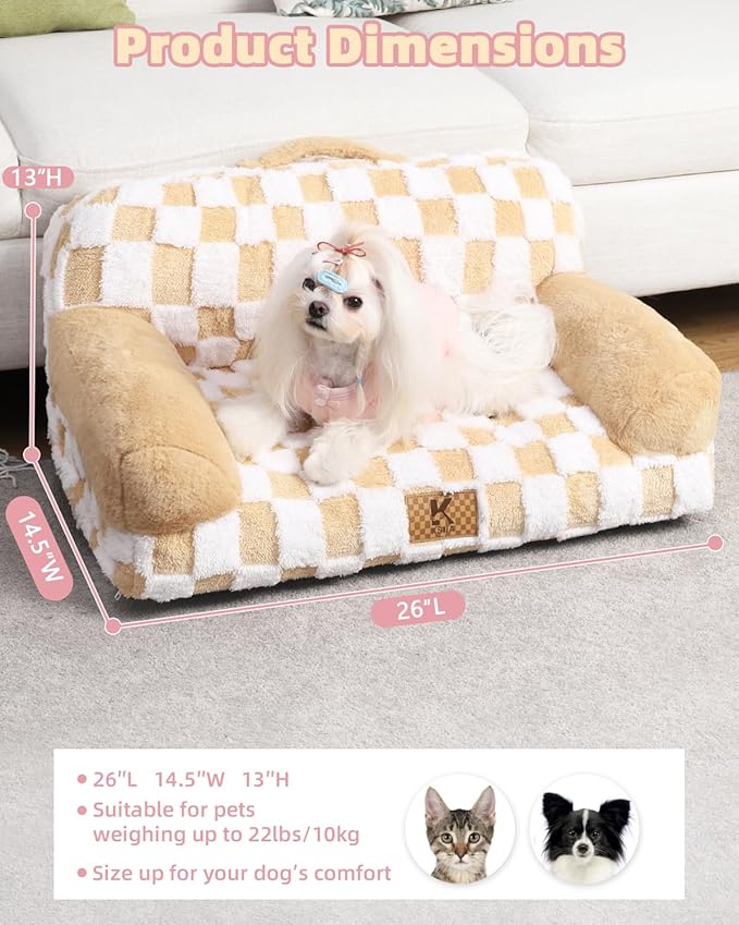 KSIIA Dog Bed Small Dog Beds Waterproof Cat Couch with Supportive Armrests for Puppy and Kitten Pet Couch Machine Washable Pet Sofa with Removable Cover & Anti-Slip Bottom, 26 x 14.5 in, Khaki