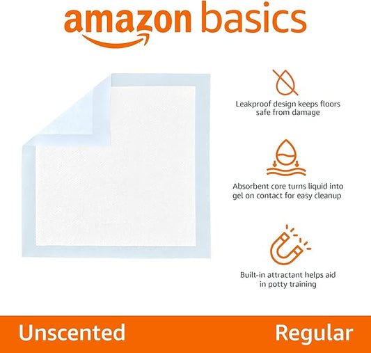 Amazon Basics Disposable Dog Training Pads with 5-Layer Leak-Proof Design, Quick-Dry Surface, Regular, 22 x 22 Inches, 30-Pack