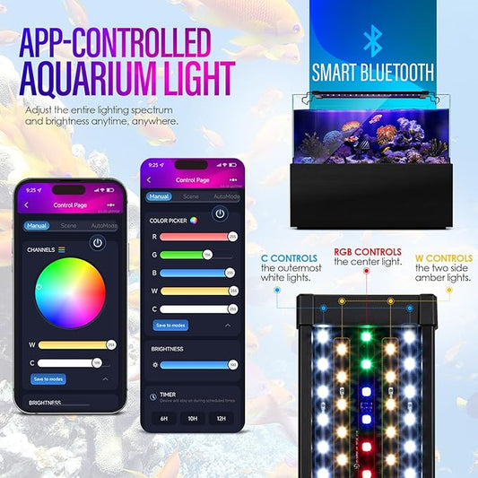 14W Smart Bluetooth App-Controlled Aquarium Light - Customizable Light Colors,Timeable,24/7 User-Defined Sunrise/Sunset Simulation,Tropical Lighting Mode,Suitable for 12-18" Fish Tanks