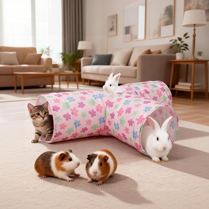 BWOGUE Bunny Tunnels & Tubes Collapsible 3 Way Bunny Hideout Small Animal Activity Tunnel Toys for Dwarf Rabbits Guinea Pigs Kitty
