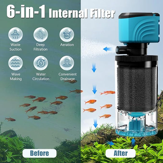 Submersible Aquarium Filter, Upgraded 15-50 Gallon Fish Tank Filter with Fish Guard, 220GPH Internal Whisper Pump, Fresh/Saltwater, Debris Tray, Check Valve