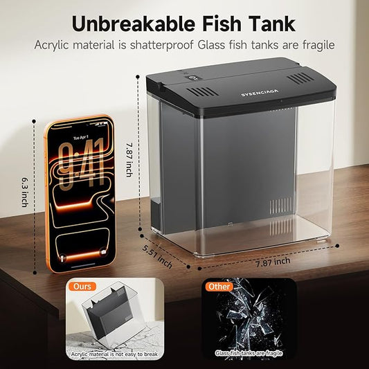Desktop Fish Tank, 1.2 Gallon Self-Cleaning Smart Aquarium with Filter & 5-Color LED Light, Auto-Cycling Quiet Pump for Betta, Shrimp, Guppy, Goldfish