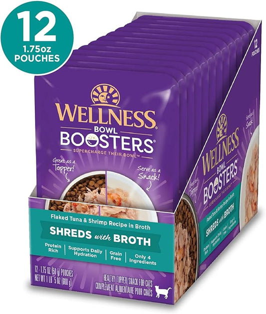 Wellness Bowl Boosters Shreds with Broth Wet Cat Food Topper, Grain Free, Natural, Flaked Tuna and Shrimp Recipe, 1.75 oz, Pack of 12 Pouches