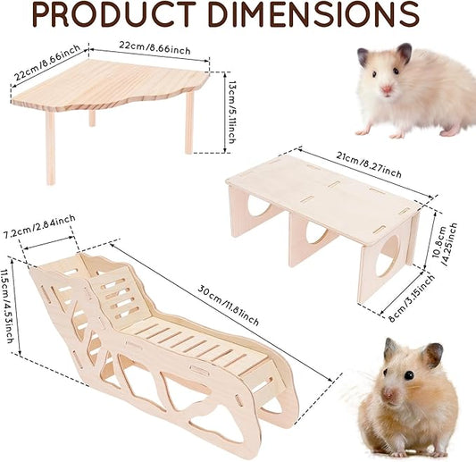 4 PCS Natural Wood Hamster Cage Accessories Set, Multi-Level Habitat Decor with Cloud Hideout, Climbing Ladder & Standing Platforms, Exercise Playground for Syrian Hamsters, Gerbils, Mice (B)