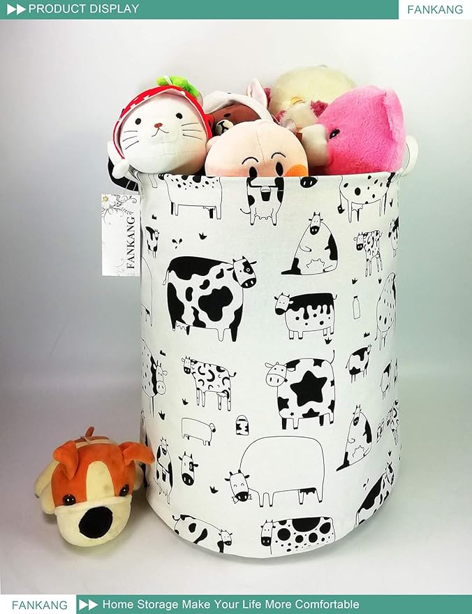 Storage Basket, Nursery Hamper Canvas Laundry Basket Foldable with Waterproof PE Coating Large Storage Baskets for Kids Boys and Girls, Office, Bedroom, Clothes,Toys(Cows)