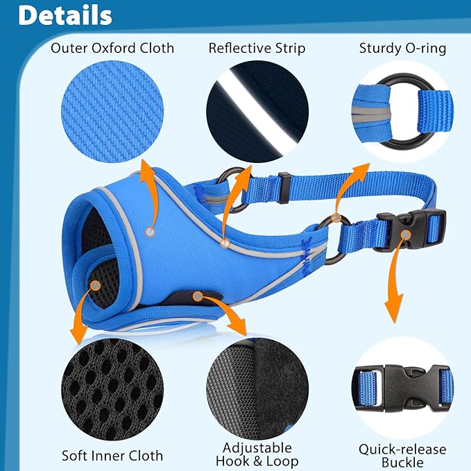 LUCKYPAW Dog Muzzle for Small Medium Large Dog Labrador Golden Retriever German Shepherd, Soft Oxford Cloth Muzzle to Prevent Biting Chewing for Training Grooming with Buckle (Blue, XL)