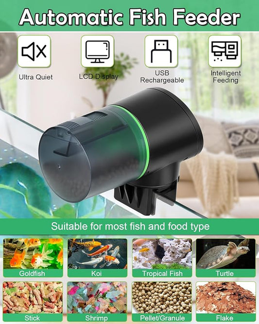 Automatic Fish Feeder for Aquariums - Rechargeable Auto Fish Food Dispenser Timer Feeder with USB Charger Cable,LCD Screen, Customized Schedule