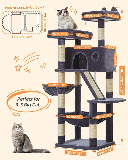 Taoqimiao Cat Tree 57.5-Inch, Cat Tower for Indoor Cats Large Adult, Extra Large Cat Condo, 8 Sisal Scratching Posts, Metal Frame Cozy Hammock, Durable Scratch Board, 2 Top Perches, Smoky Gray MS026G