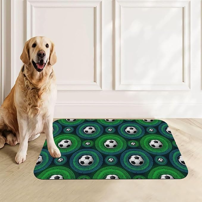 Dog Cat Food Mat with Rubber Backing Dog Placemat Water Bowl Mat Cool Soccer Football Black Pet Accessories Supplies