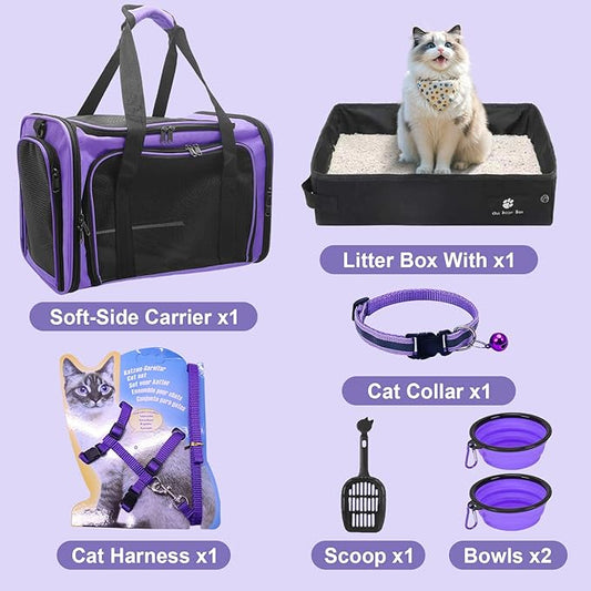 Soft-Sided Cat Carrier with Litter Box for Traveling & Camping, Pet Bag Fit 20lbs Pets,17.7' * 11.8 * 11.8 inches Cat Travel Carrier, Purple