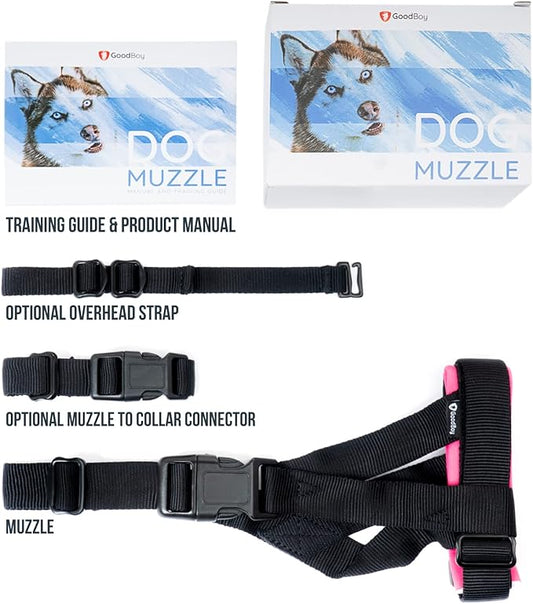 Gentle Muzzle Guard for Dogs - Prevents Biting and Unwanted Chewing Safely - New Secure Comfort Fit - Soft Neoprene Padding - No More Chafing - Training Guide Helps Build Bonds with Pet (XL, Pink)