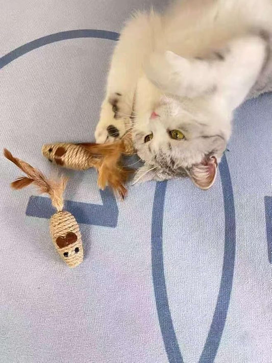 3 Pack Cat Mice Toys with Feather Tail Rattling Noise Sound Natural Sisal Cat Balls Toys Teeth Cleaning Dental Chew Toys Interactive Cat Mice Toy Mice Cat Toys for Indoor Cats