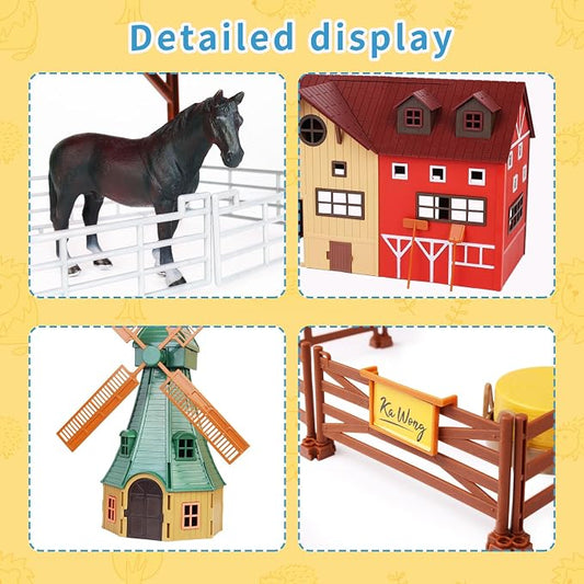 Peagprav Farm Animals Figurines Toys -140 pcs Toy Set Barn Toy Horse Stable Tractor Trailer Windmill Farmer Fence Playset for Kids Toddlers Boy Girl 3-7 Years Old