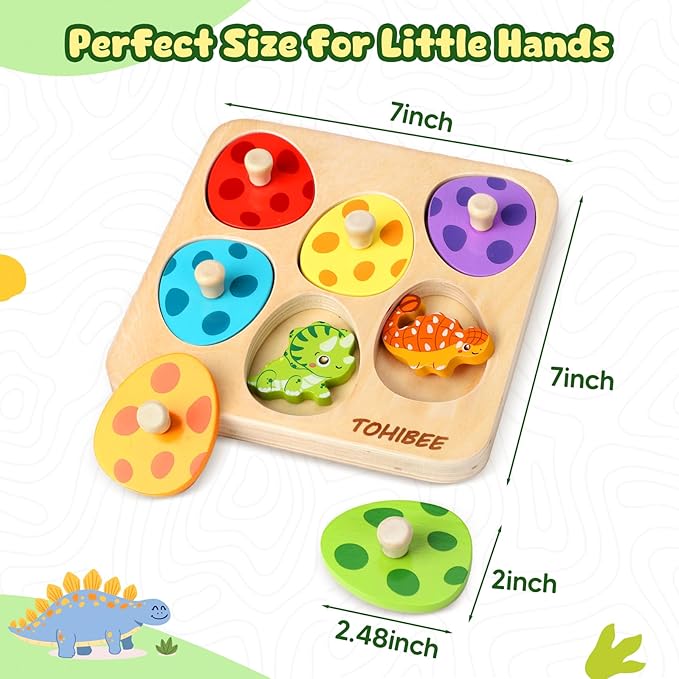 TOHIBEE Wooden Puzzles Montessori Toys for Toddlers 1-3, Dinosaur Eggs Peg Puzzles, Preschool Education Learning Toys for Boys and Girls, 6 Brightly Color Cute Dinosaur Shapes