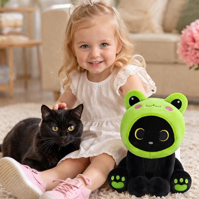 Frog Plush Toy, Cute Black Cat Plush with Removable Frog Hat, 8" Soft Plushie Cute Stuffed Animal Pillow for Kids, Birthday Gift for Boys and Girls and Adults