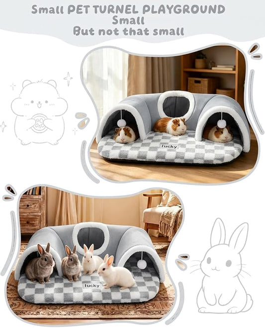 Extra Large Guinea Pig Hideout Tunnel, 3-Cave Small Animal Tunnel for Play Tube Toys Mat, Pet Tunnel for Dwarf Rabbits Bunny Chinchillas Hamsters Hedgehogs Ferrets,Grey, 22.05" × 16.14"× 5.51"