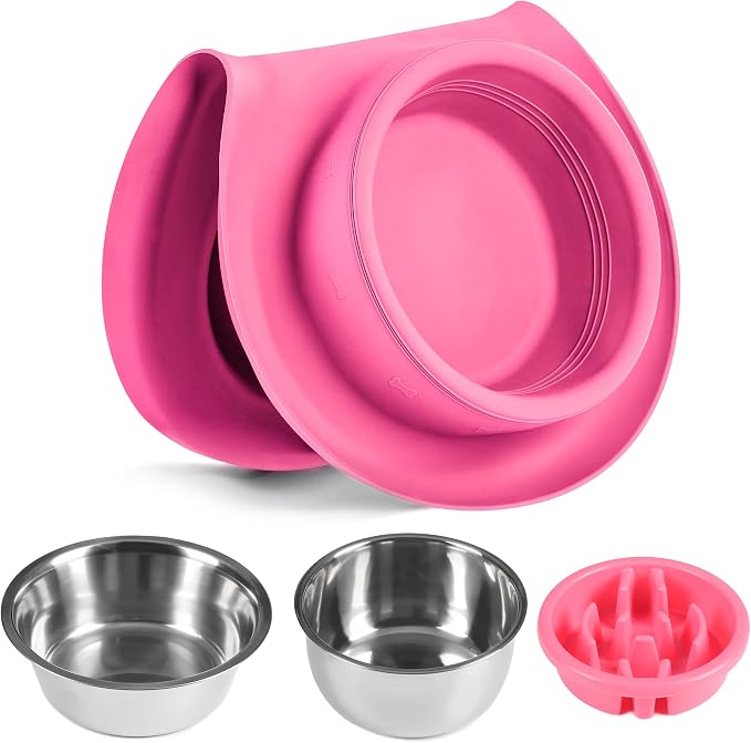 100% Waterproof BPA Free Pet Dog Bowls2 Stainless Steel(53oz+27oz) with 1.35“ Raised Edge Silicone Mat + Slow Feed Dog Water and Food Bowls for Feeding Large Dogs Cats Puppies (Pink)