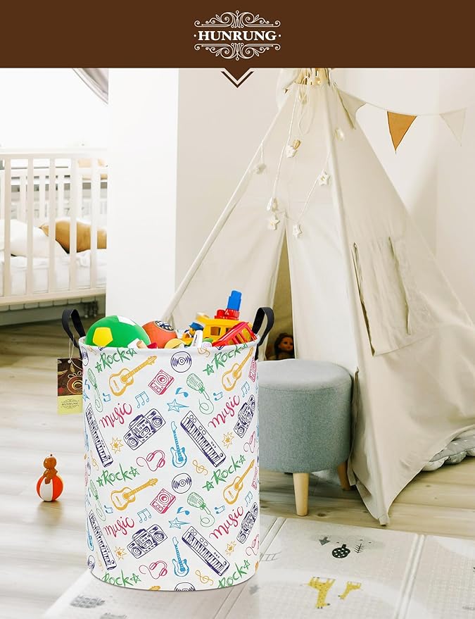 Collapsible Fabric Storage Basket, Waterproof Laundry Hamper with Handles, Round Storage Bin for Clothes Toys, Foldable Organizer for Bedroom Nursery Bathroom(Round-Musical instrument)