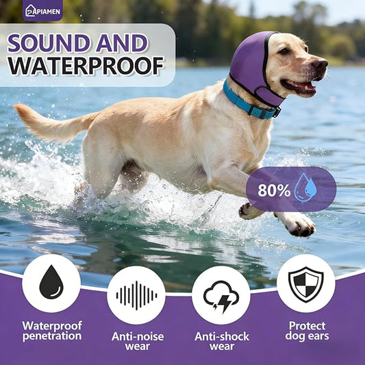 Dog Ear Cover for Hematoma,Bathing,Grooming,Drying,Fashion No Shake Ear Wraps for Dogs Ear Muffs Noise Protection Anxiety Relief,Waterproof Dog Calming Hoodie Shower Cap(Purple,S)
