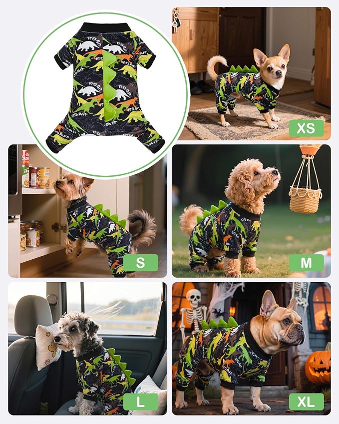 CuteBone Dinosaur Costume Dog Pajamas, Stretchy Spandex Crystal Velvet Sleepwear Coat for Small Dogs, Soft & Warm Pet Outfit Clothes for Cold Weather, Cozy Pullover Design COSP21M