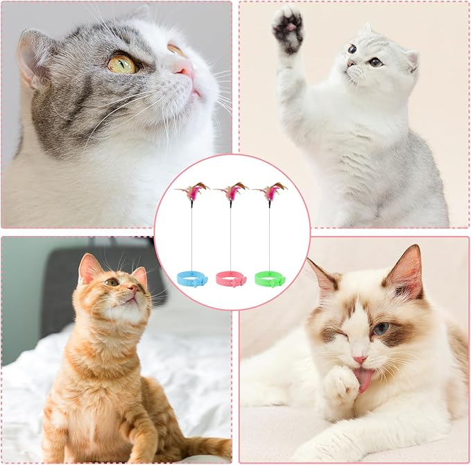 KALAMANDA Cat Collar Toy, 3 Pcs Cat Feather Toy with Neck Collar, Interactive Self Playing Toys with Bell for Indoor Kittens Small Animals(Pink/Blue/Green)