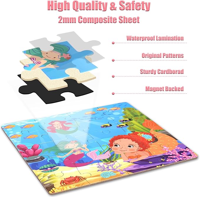 Magnetic Puzzles for Kids 3-5, 3-in-1 Princess Unicorn Mermaid Travel Puzzles for Kids Ages 4-6, Car Airplane Road Trip Activities Toys, Gifts for Girls