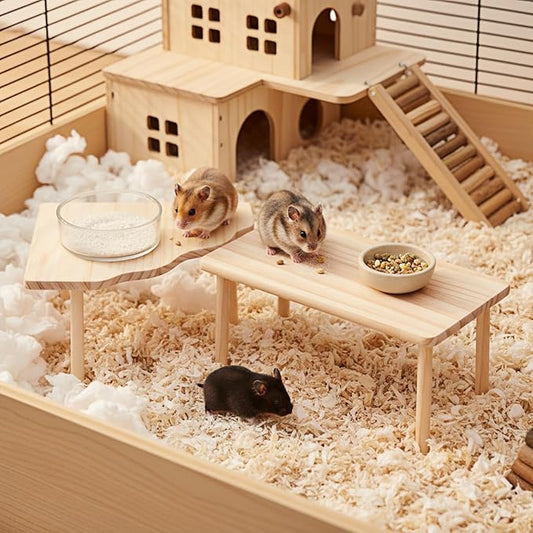 Hamster Platform Set, 2-Piece Wooden Modular Playground & Hide, Cage Accessories for Dwarf Syrian Hamsters, Gerbils, Mice, Degus (Rectangle+Corner)