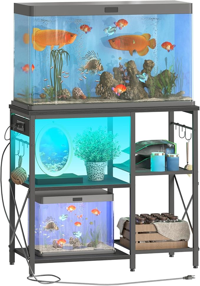 HOOBRO Fish Tank Stand with Power Outlet and LED Light, 20-29-37 Gallon Aquarium Stand with Storage Shelves, 30.7" L x 13.8" W, Reptile Tank Stand with Stable Metal Frame, Black BK80UDFT01G1
