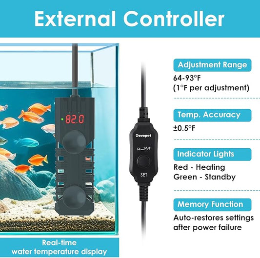 25W Aquarium Heater, Adjustable Small Fish Tank Heater, with Digital Display, Overheat Protection & Dry Run Protection, for 1-5 Gallon Water