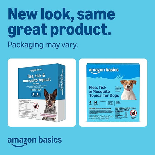 Amazon Basics Preventative Flea, Tick & Mosquito Topical Treatment for Medium Dogs (11-20 Pounds), Kills Fleas, Prevents Infestations, 4 Count, Packaging May Vary