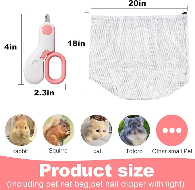 Rabbit Bathing Bag,Bunny Grooming Kit, Breathable Mesh Anti Scratch Adjustable Rabbit Grooming Bag,With Bunny Nail Clippers with Light,For Rabbit,Hamster,Squirrel,Chinchilla and Other Small Animals.