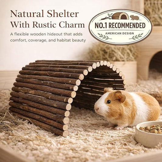 Guinea Pig Hideout, Collapsible Wooden Tunnel & Hideaway for Rabbits, Hedgehogs, Chinchillas, Ferrets and Other Small Pets, Flexible Natural Wood Cage Accessory, No Assembly Required (1PCS*6.6*11‘’)