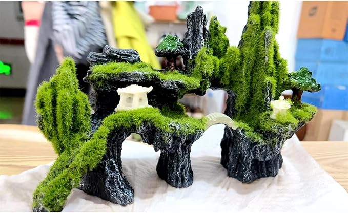 Fish Tank Decorations, Aquarium Decor Aquarium Rocks Mountain View, Landscape Aquarium Ornament Rock Resin Decoration Stone with Moss Fish Tank Rocks (L)