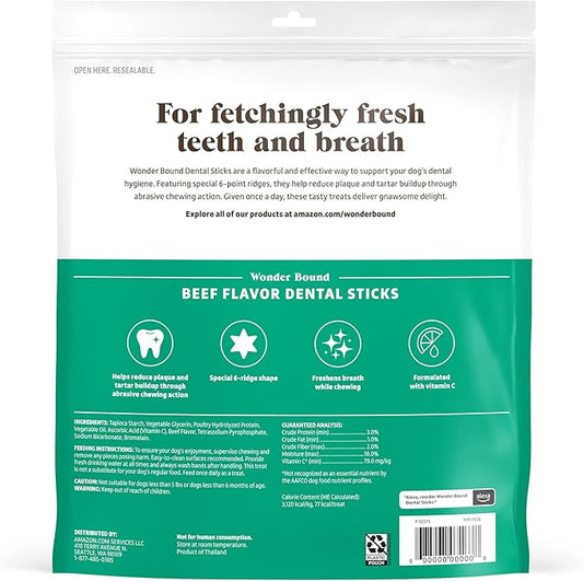 Amazon Brand - Wonder Bound Beef Flavor Dental Sticks for Large Dogs (Over 30 lbs), 6-Ridge Shape for Plaque & Tartar Control, Freshens Breath, Formulated with Vitamin C, 40 Count (Pack of 1)