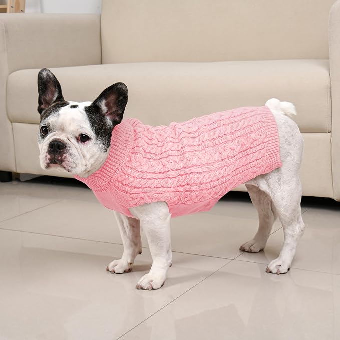 Dog Sweater 2 Pack for Medium Dogs, Size L, Pink & Purple | Stretchy cable knit turtleneck, machine washable, high belly cut, comfy winter fit for French Bulldog, Corgi
