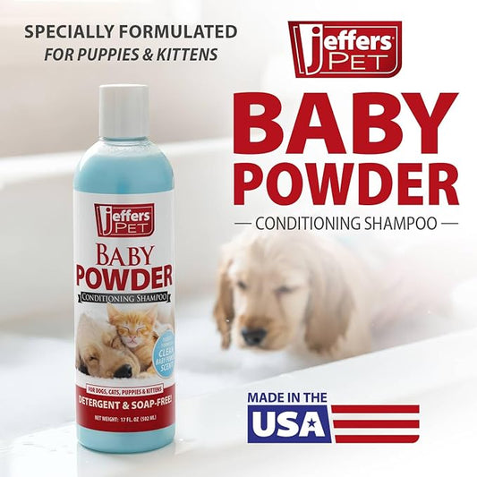 Jeffers Pet Baby Powder Tearless Shampoo for Puppies & Kittens, 17 oz - Concentrated Deodorizing Shampoo for Dogs & Cats with Natural Oils & Conditioners, pH Balanced, Soap Free Formula, Made in USA
