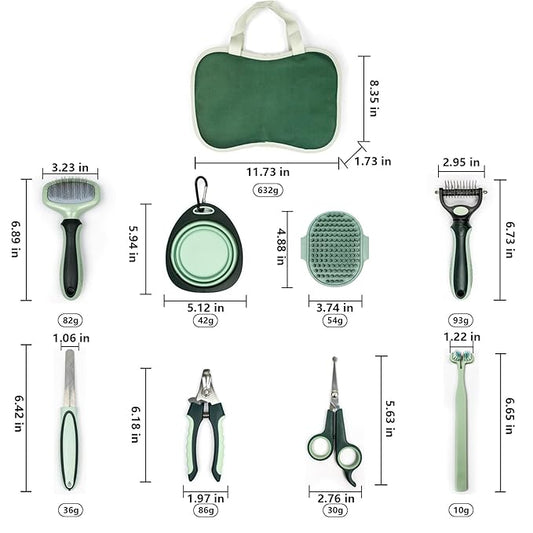 Grooming Brush Kit - 8 Pcs for Shedding & Matted Fur, Self-Cleaning with Flea Comb, Includes Indoor Microbrush, Cat Toothbrush Collapsible Dog Bowls for Travel