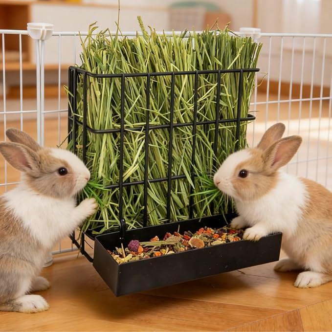 BESNEW 2-in-1 Large Rabbit Hay Feeder with Food Box,Upgraded Metal Guinea Pig Hay Feeder Hay-Leak Proof Bottom,Easy to Install,Bunny Supplies for Rabbit Guinea Pig Chinchilla Small Animals
